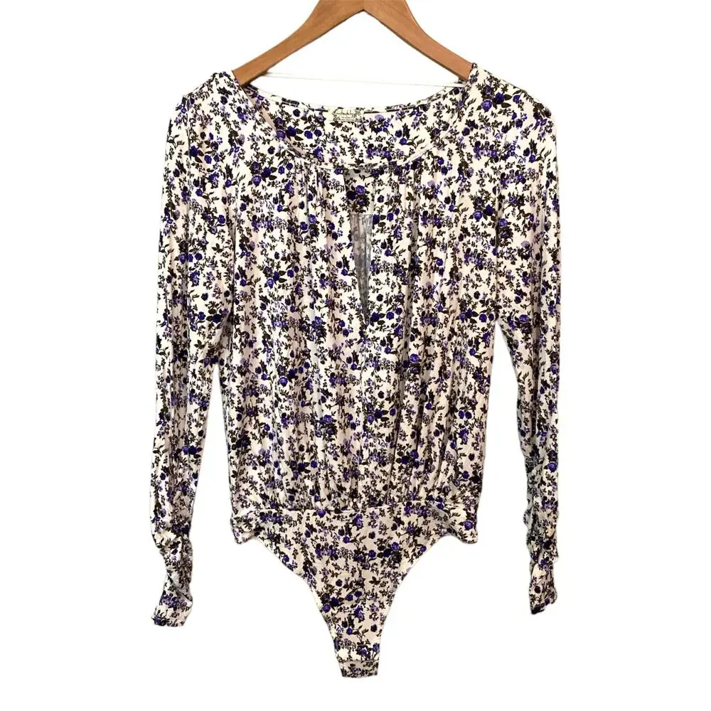 NWOT Intimately Free People XS Purple Floral V Neck Cutout Bodysuit Cottagecore